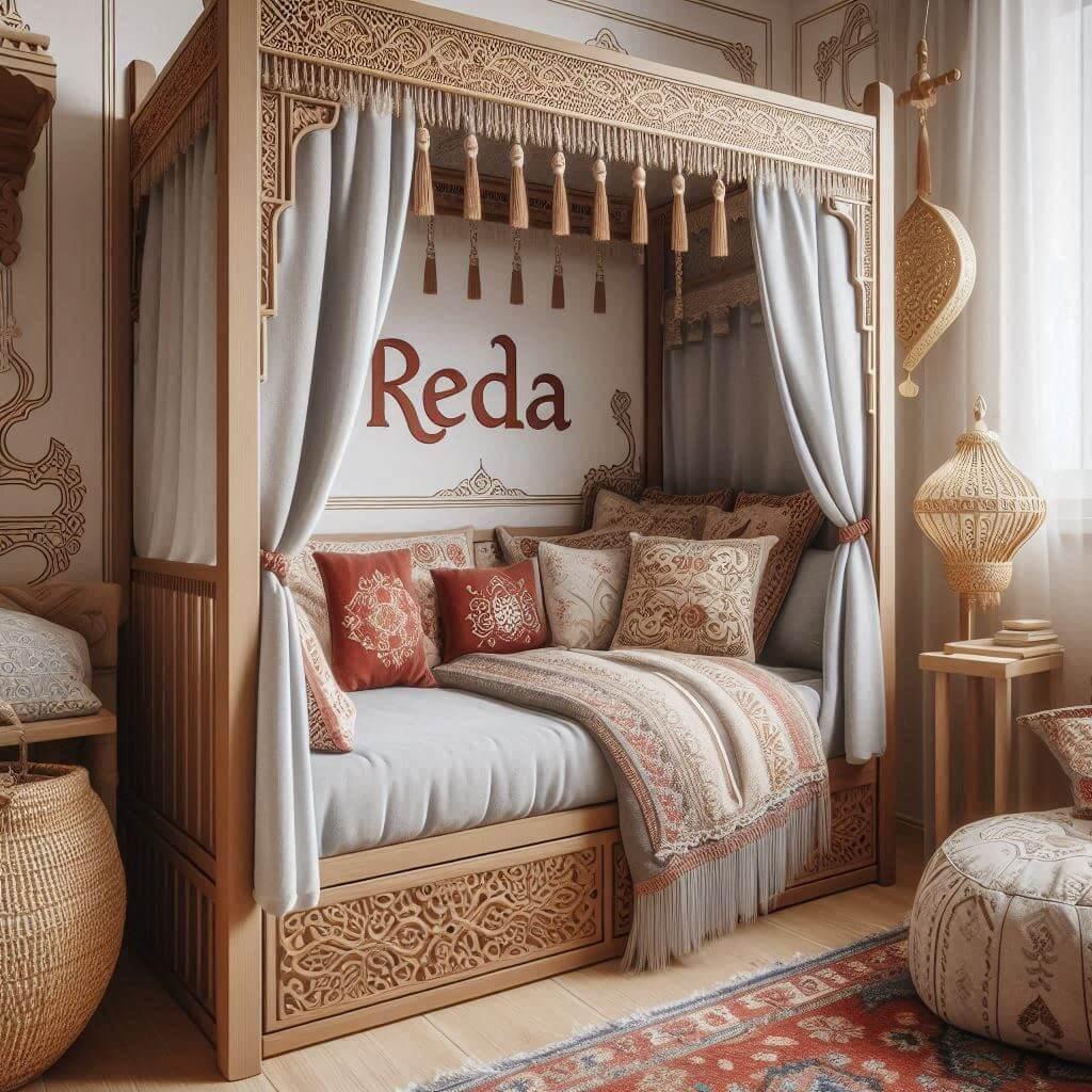 Une chambre de enfant avec le prenom reda brode sur le coussin avec un lit cabane sur le theme oriental