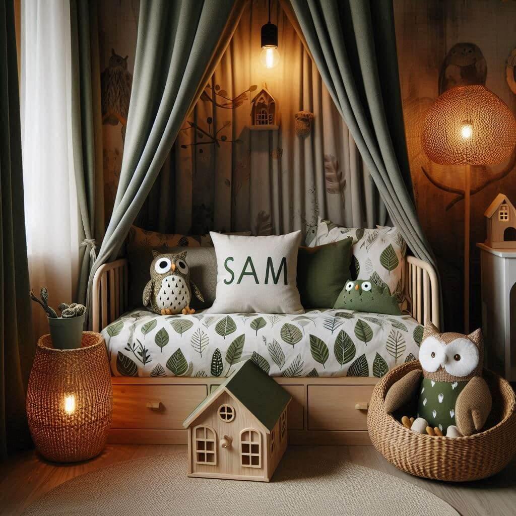 Une chambre de enfant avec le prenom sam sur le coussin avec un lit cabane sur le theme de la foret les draps et les rideaux sont des motifs de feuilles de hibou lampe en rotin tam