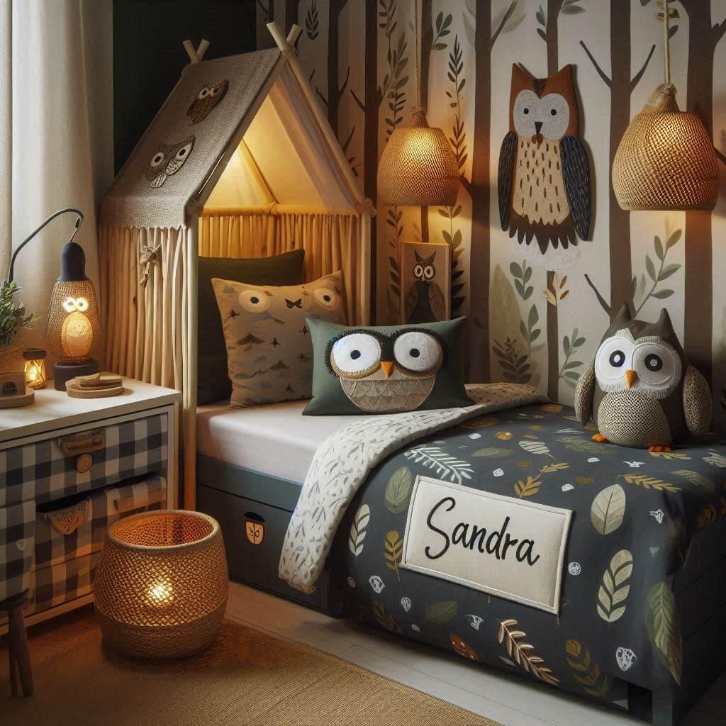 Une chambre de enfant avec le prenom sandra brode sur le coussin avec un lit cabane sur le theme de la foret les draps et les rideaux sont des motifs de feuilles de hibou lampe en