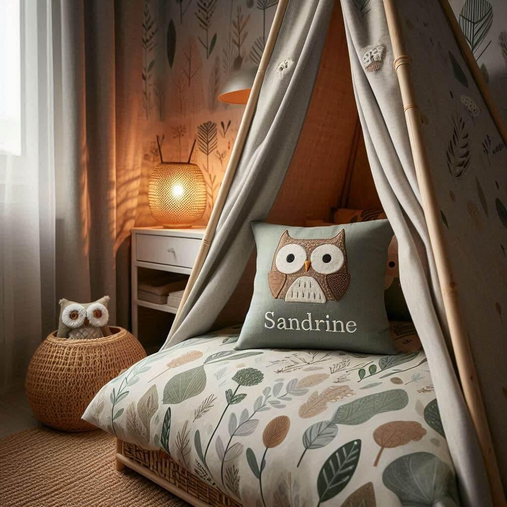 chambre decoration chouette, lit cabane, prenom sandrine