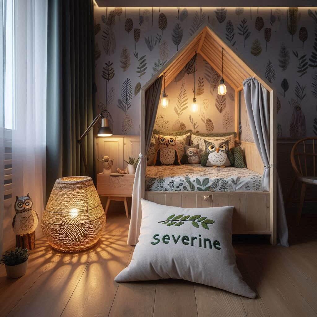 Une chambre de enfant avec le prenom severine brode sur le coussin avec un lit cabane sur le theme de la foret les draps et les rideaux sont des motifs de feuilles de hibou lampe e