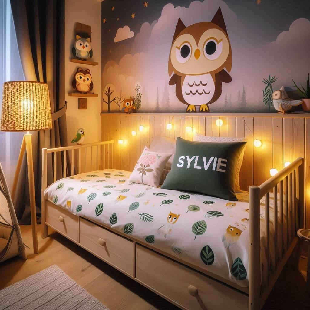 Chambre d'enfant thème Animal Crossing avec lit cabane, draps et rideaux à motifs de feuilles et hiboux, lampe en rotin allumée, peluche, et prénom Sylvie brodé sur un coussin