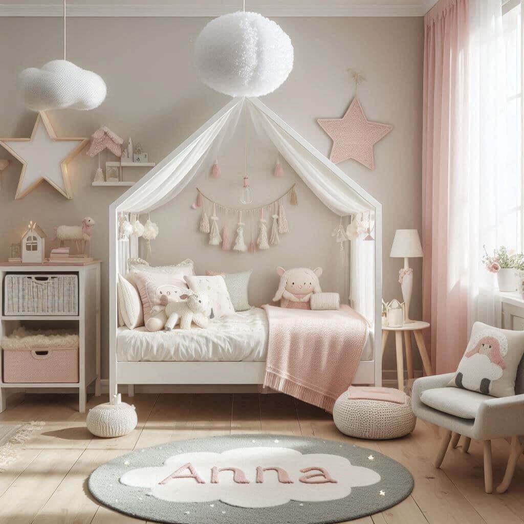 Une chambre de fille anna avec un lit en forme de cabane en bois blanc tendance 2026