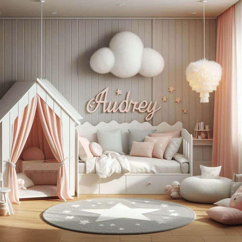 Une chambre de fille avec le prenom audrey,, decoration de chambre fille tendance 2025