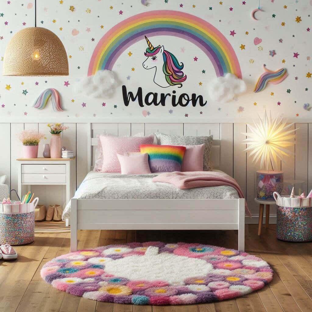 Une chambre de fille licorne marion avec un lit en bois blanc papier peint licorne suspension lampe arc en ciel tapis rond en forme de fleur paniers de rangement avec des paillette