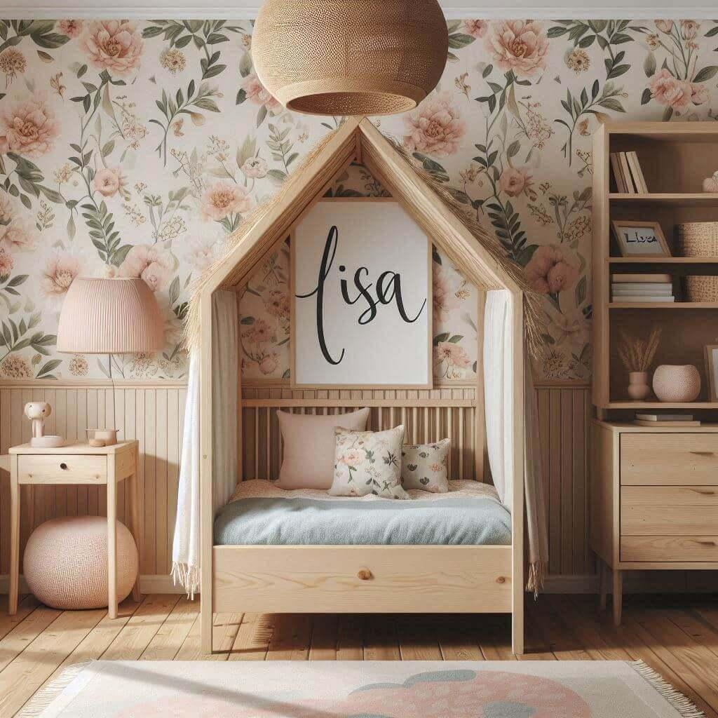 Une chambre de fille lisa avec un lit cabane avec tete de lit en bois naturel, tendance 2025