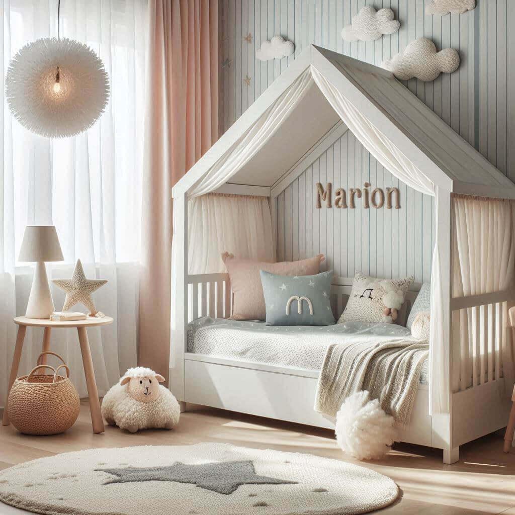 Une chambre de fille marion avec un lit en forme de cabane en bois blanc rideaux legers pastel suspension lampe nuage tapis rond en forme detoile coussins a motif moutons le prenom