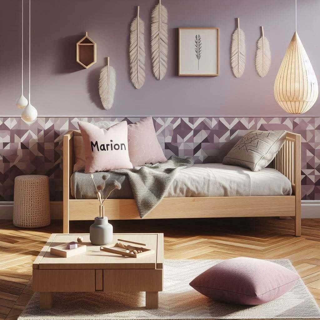 Une chambre de fille moderne pour marion avec un lit simple en bois naturel une table basse pour jeux des murs lilas un papier peint motif geometrique, tendance 2025