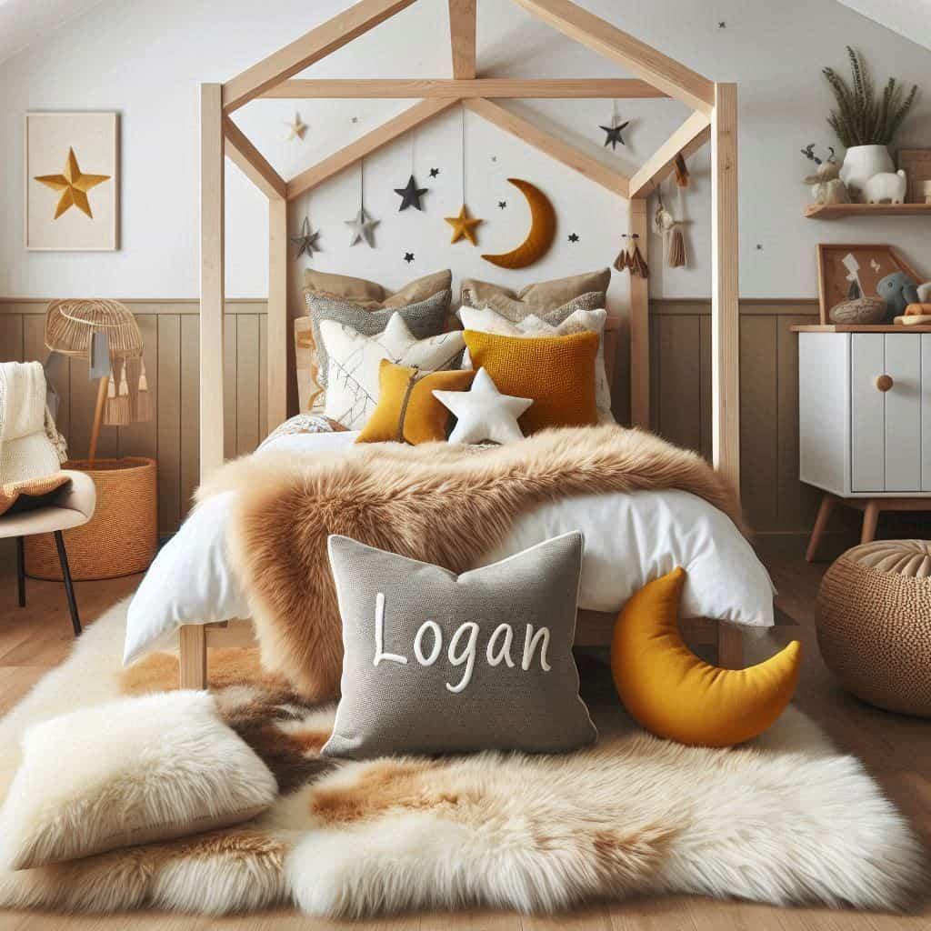 Une chambre de garcon qui se nomme logan avec un lit cabane un tapis de fourrure style scandinave coussins en forme d etoiles coussins en forme de lune logan est brode sur un couss