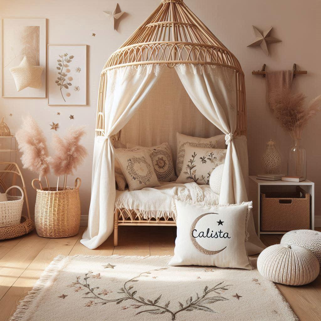 Une chambre de petie fille qui se nomme calista avec un lit cabane en rotin un tapis en laine moelleuse style boheme chic une deco douce et naturelle des coussins en lin brode en f