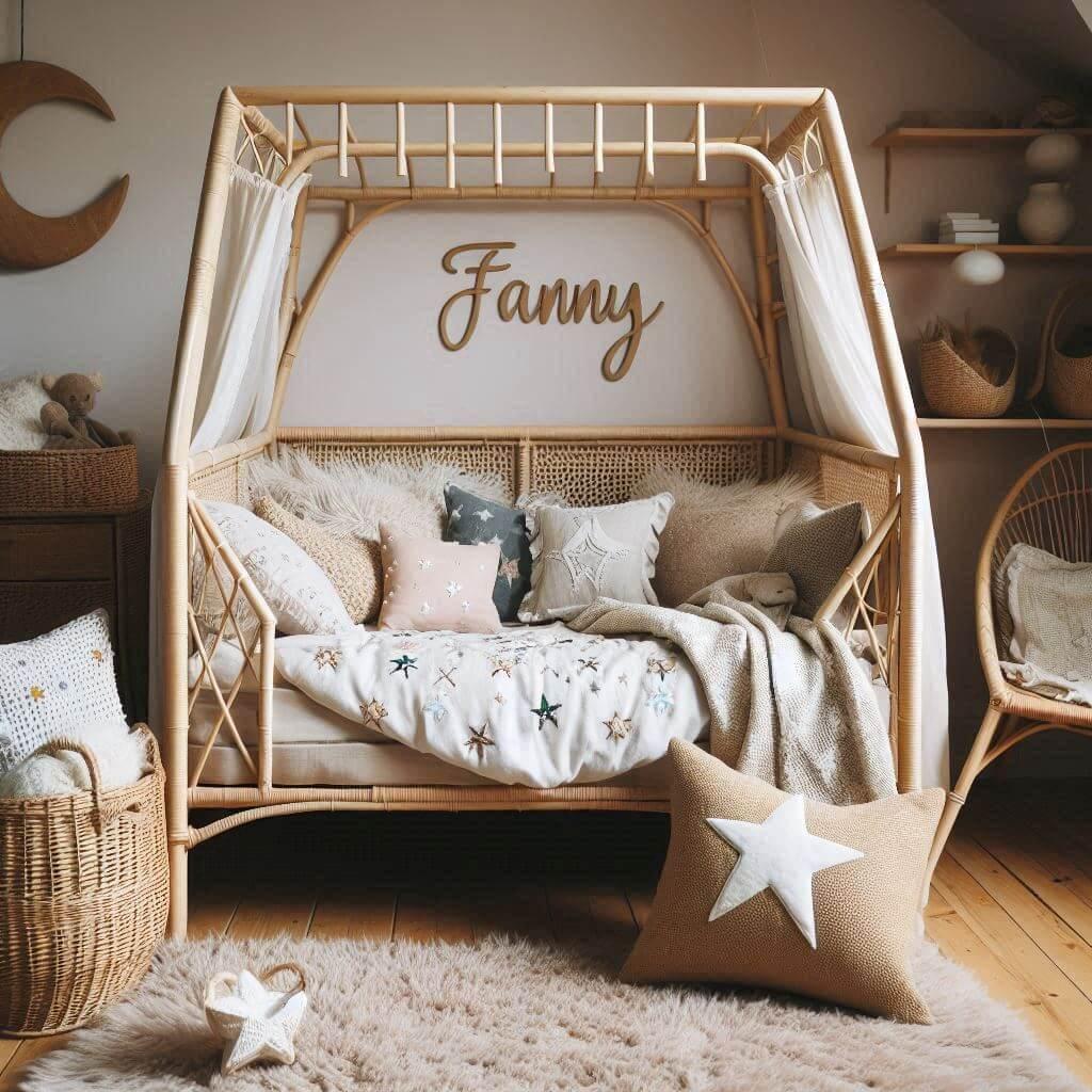 Une chambre de petie fille qui se nomme fanny avec un lit cabane en rotin un tapis en laine moelleuse style boheme chic une deco douce et naturelle des coussins en lin brode en for