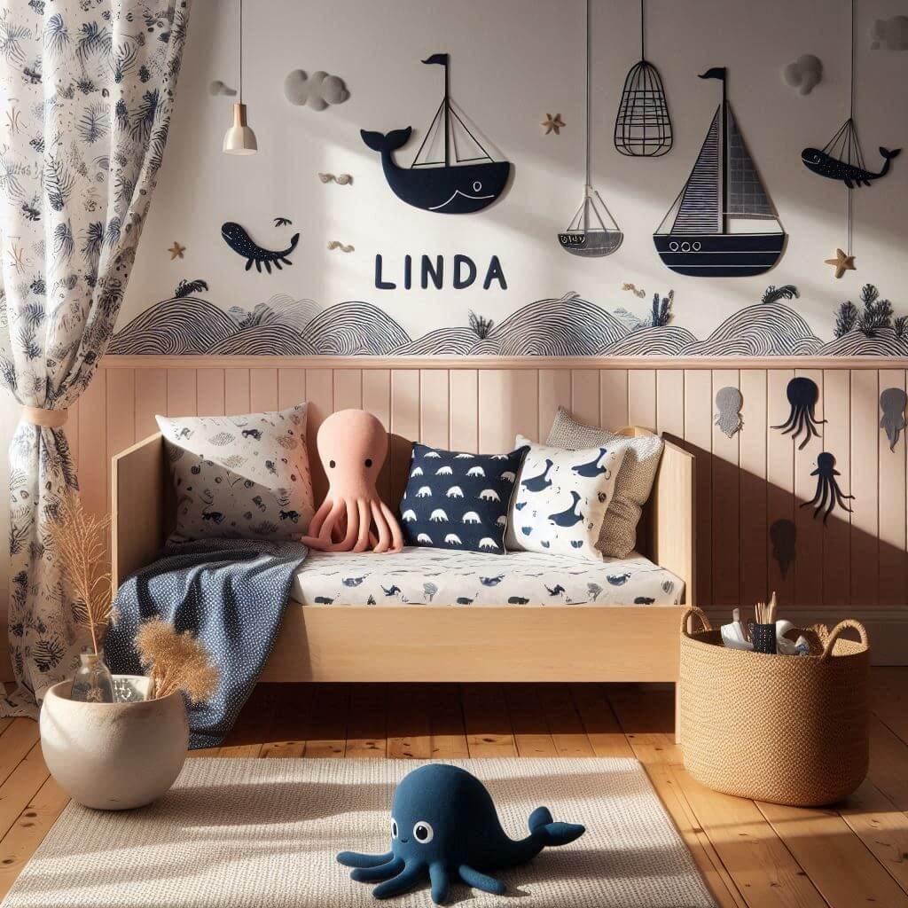 decoration de chambre enfant theme marin, prenom linda