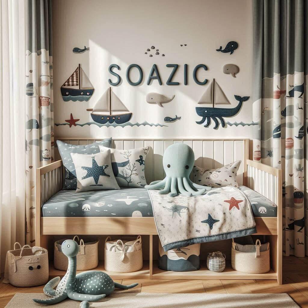 Une chambre de petit fille avec un lit montessori avec des draps motifs marin rideaux motif bateau peluche poulpe peluche baleine prenom soazic brode sur le coussin ombre sur le mu