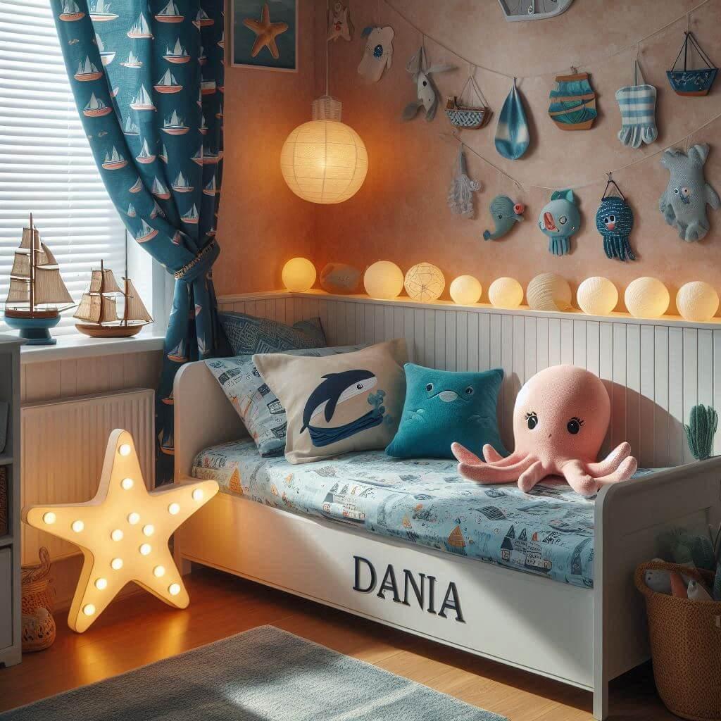 Une chambre de petit fille avec un lit simple des draps a motifs marins des rideaux a motif bateau une lampe etoile de mer allumee une peluche poulpe une peluche baleine et le pren