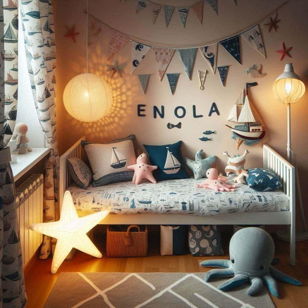 chambre de petite fille theme de la mer, prenom enola
