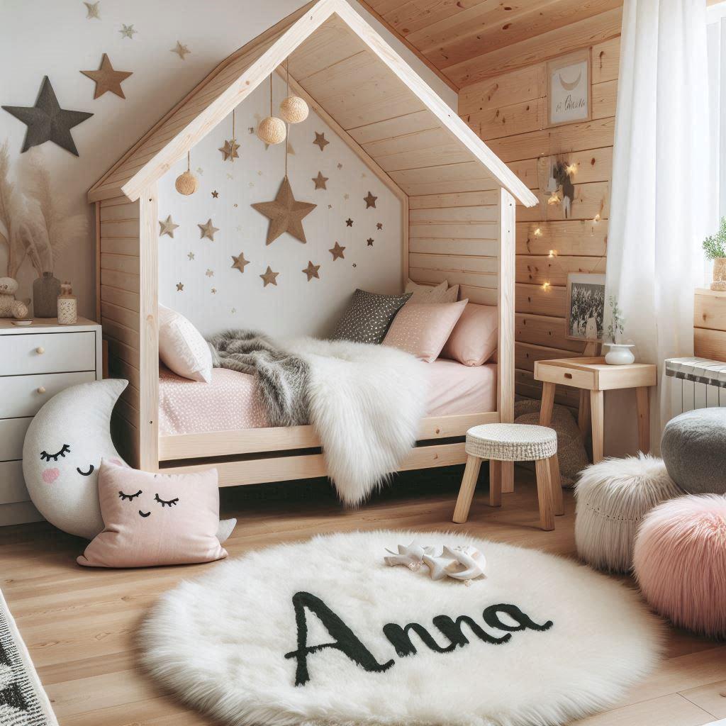 Une chambre de petit fille qui se nomme anna avec un lit cabane un tapis de fourure style scandinave coussins en forme detoiles coussins en forme de lune