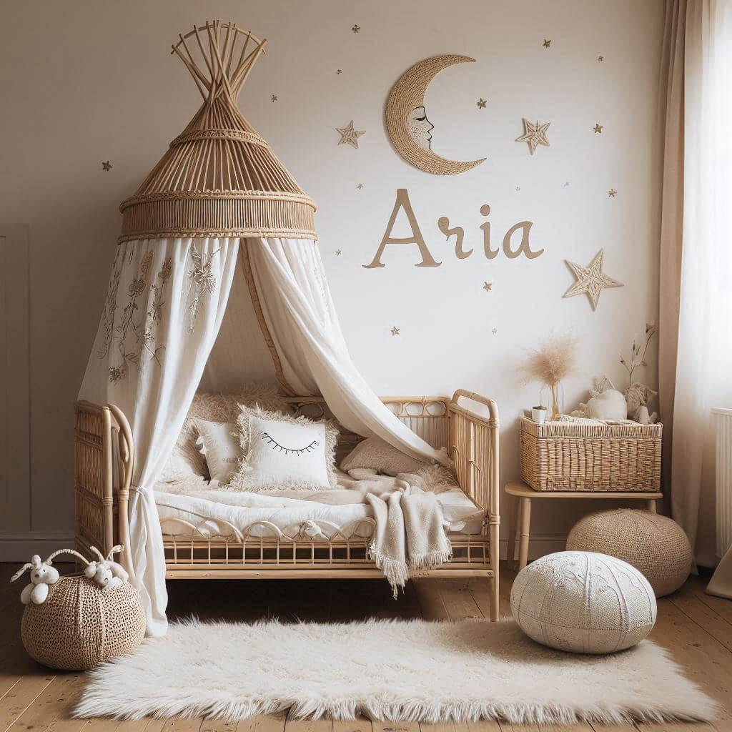 Une chambre de petit fille qui se nomme aria ecrit en francais avec un lit cabane en rotin un tapis en laine moelleuse style boheme chic une deco douce et naturelle des coussins en