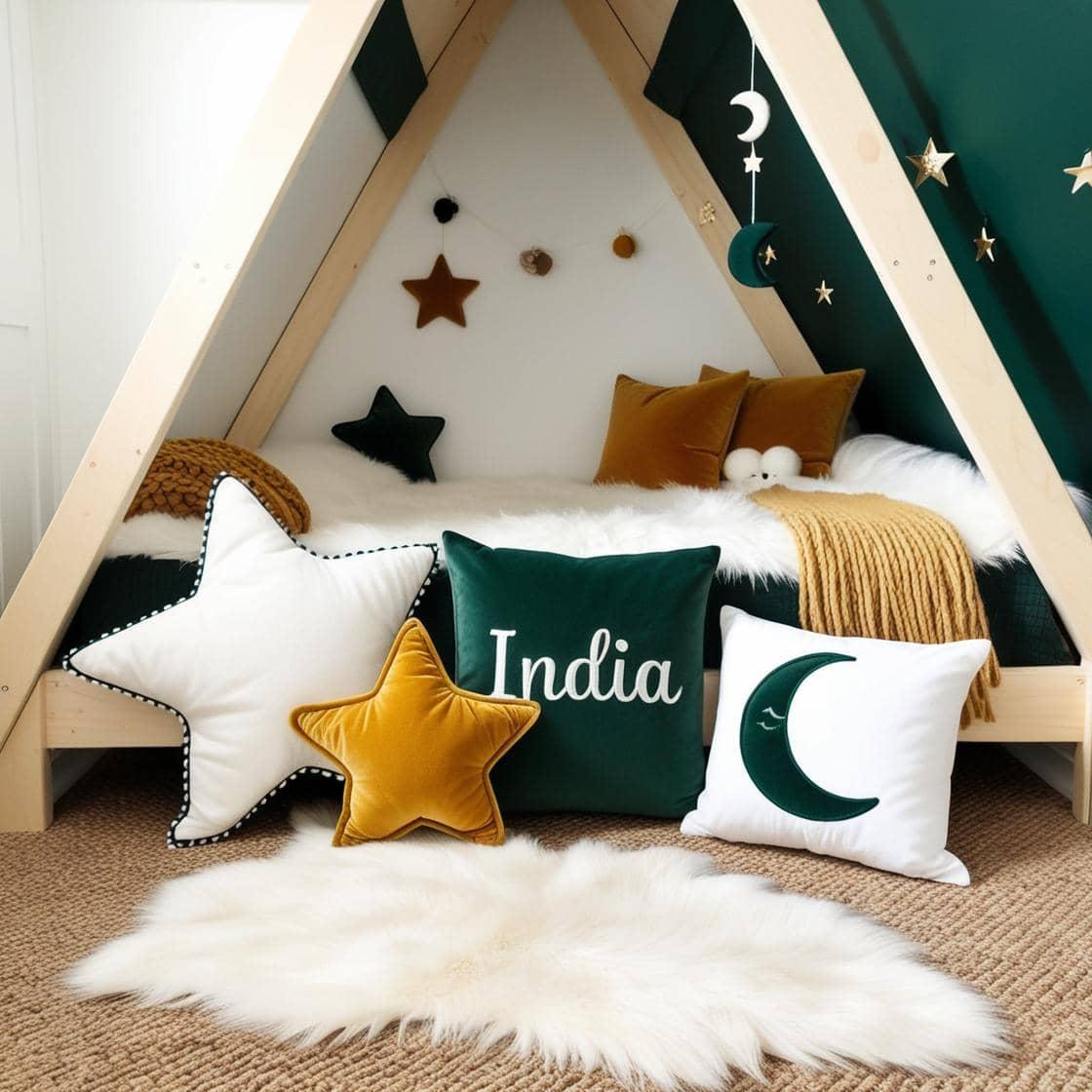 Une chambre de petit fille qui se nomme india avec un lit cabane un tapis de fourrure style scandinave coussins en forme d etoiles coussins en forme de lune india est brode sur un
