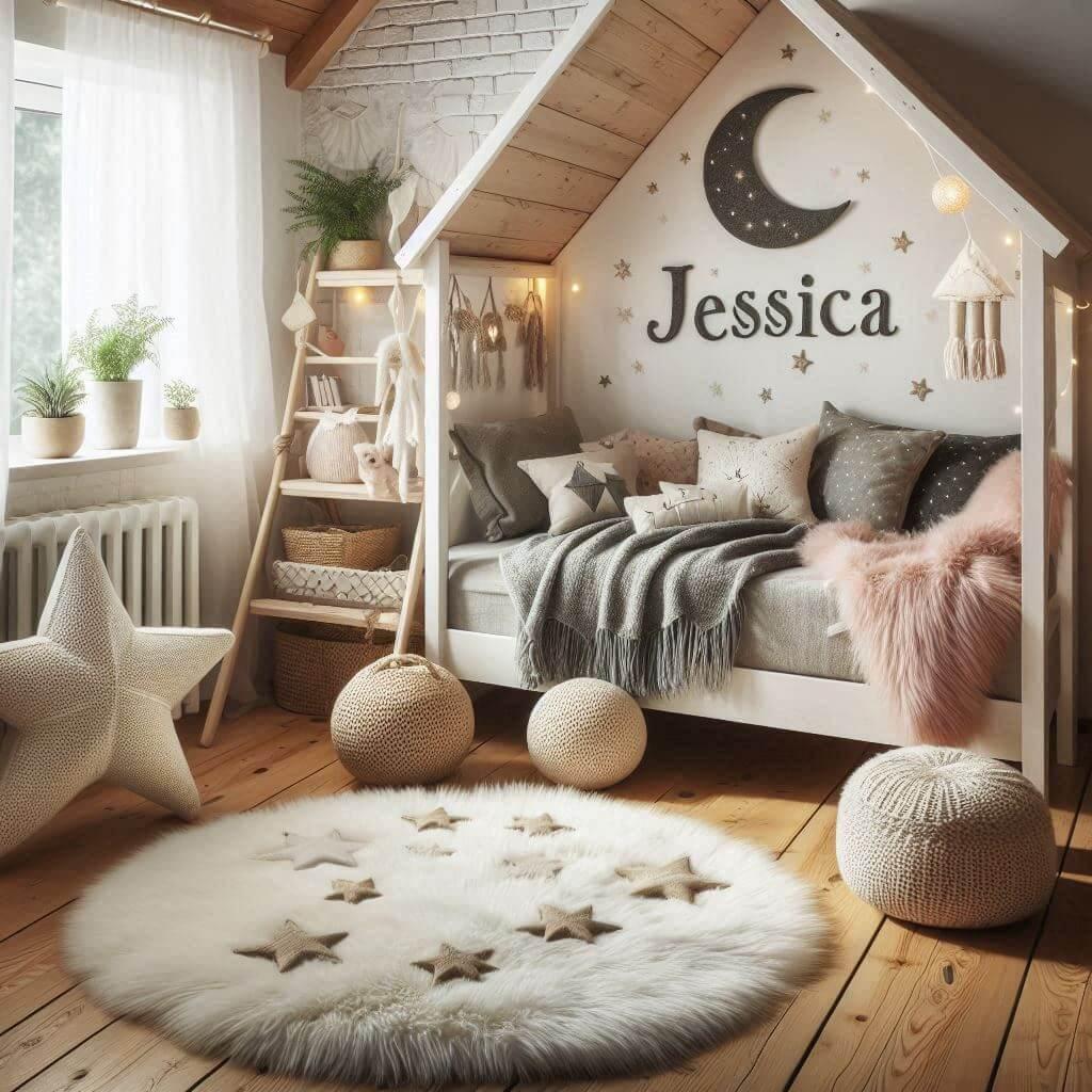 Une chambre de petit fille qui se nomme jessica avec un lit cabane un tapis de fourure style scandinave coussins en forme detoiles coussins en forme de lune le prenom jessica est e