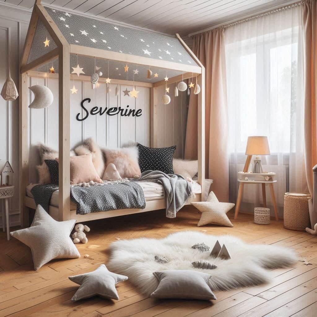 Une chambre de petit fille qui se nomme severine avec un lit cabane un tapis de fourure style scandinave coussins en forme detoiles coussins en forme de lune le prenom severine est