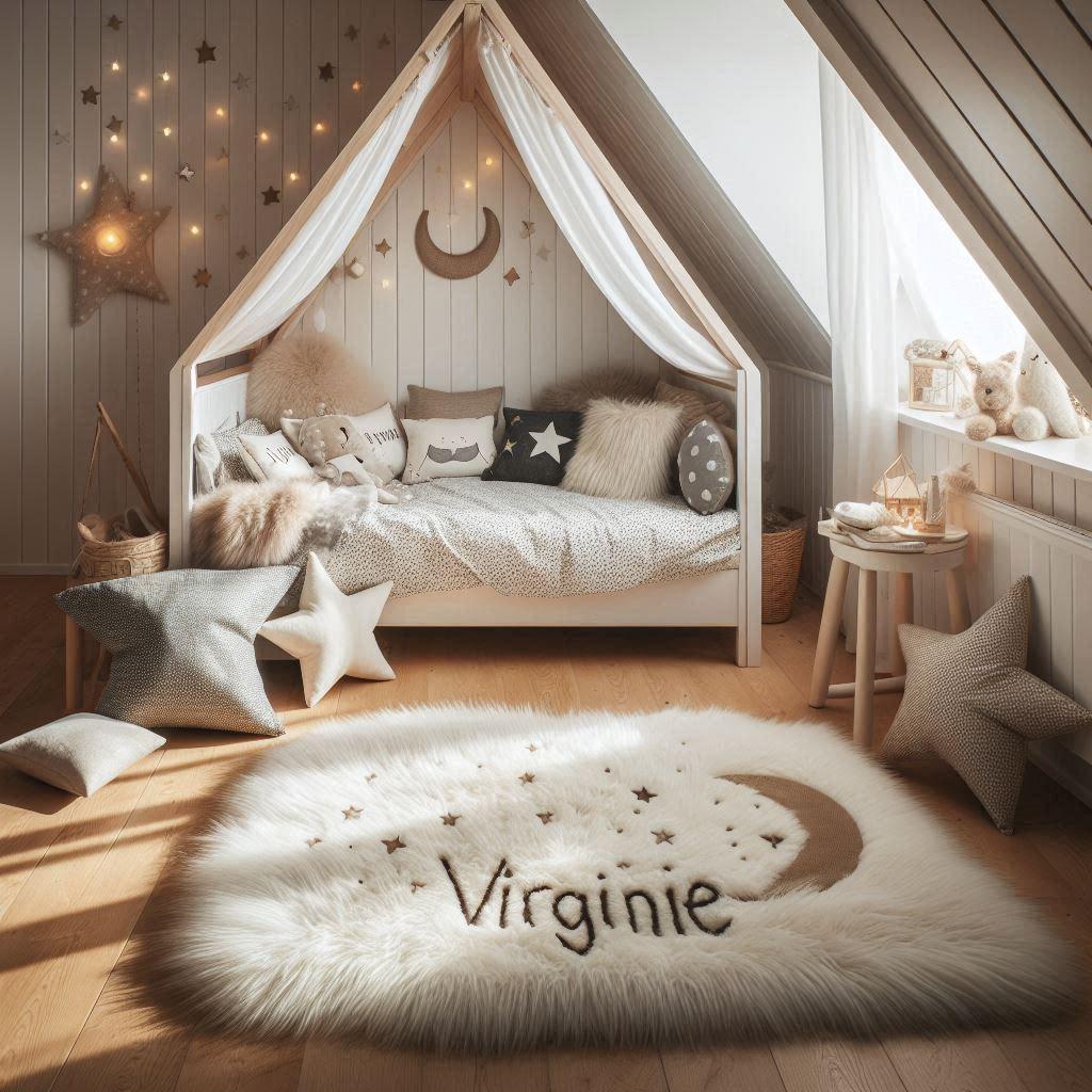 Une chambre de petit fille qui se nomme virginie avec un lit cabane un tapis de fourure style scandinave coussins en forme detoiles coussins en forme de lune le prenom virginie est