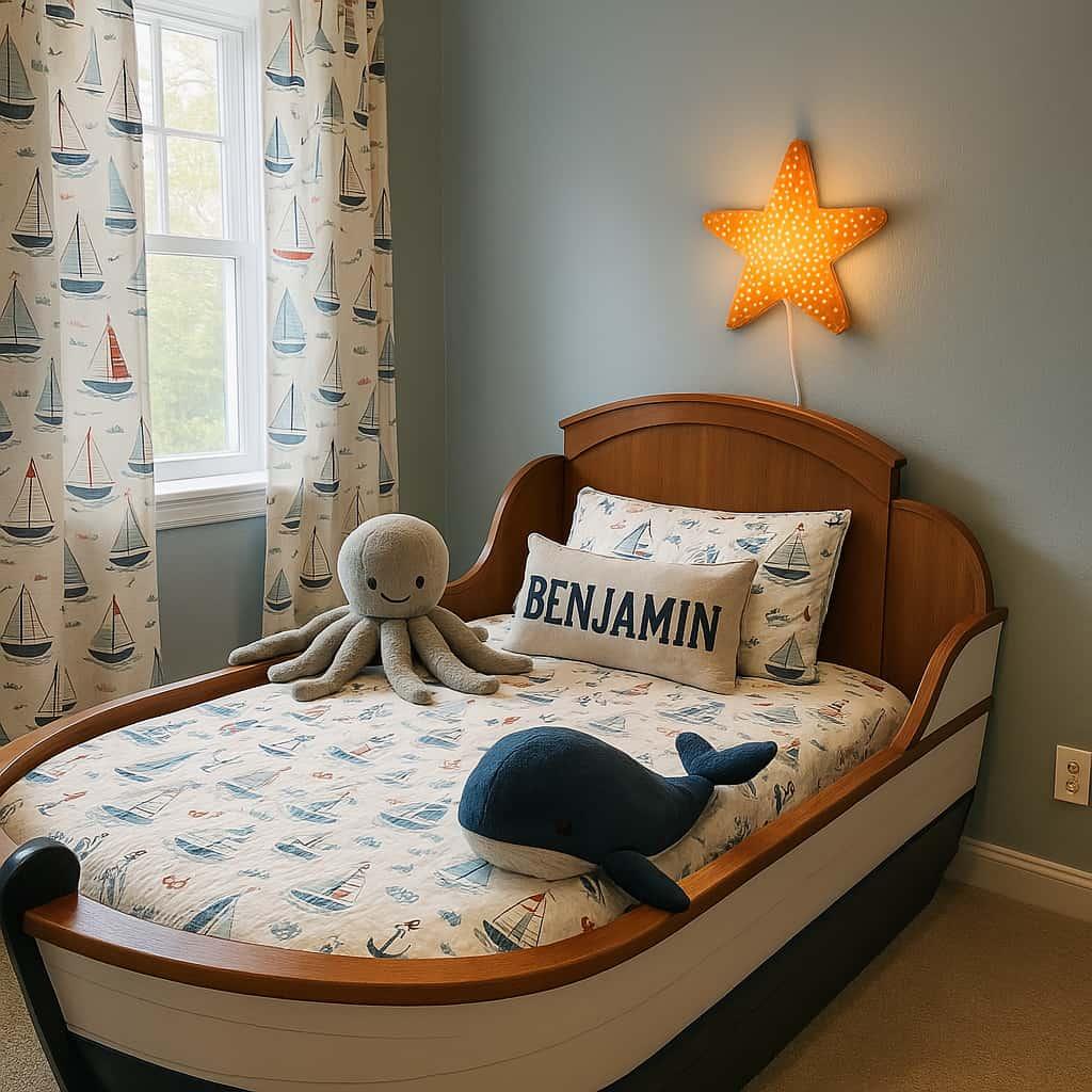 Une chambre de petit garcon avec un lit bateau des draps a motifs marins des rideaux a motif bateau une lampe etoile de mer allumee une peluche poulpe une peluche baleine et le pre
