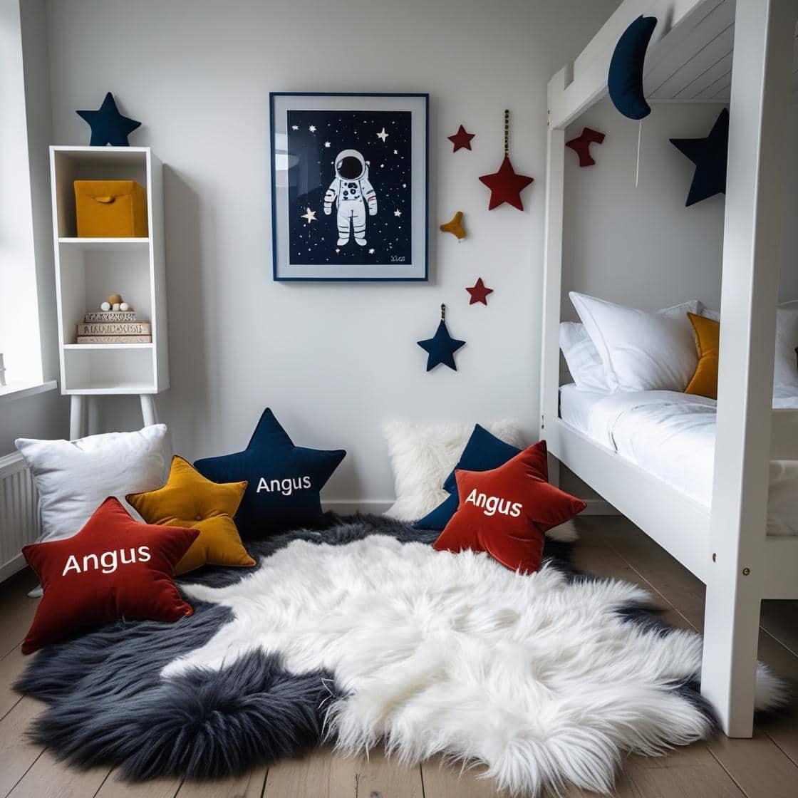 Une chambre de petit garcon avec un lit cabane un tapis de fourrure style scandinave coussins en forme d etoiles coussins en forme de lune angus est brode sur un seul coussin coule