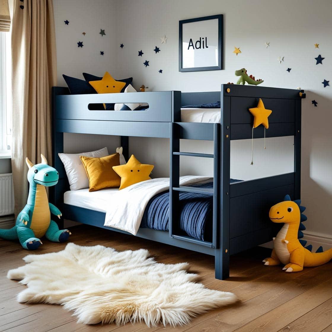 Une chambre de petit garcon avec un lit cabane un tapis de fourrure style scandinave coussins en forme d etoiles coussins en forme de lune couleurs bleu fonce blanc moutarde le pre