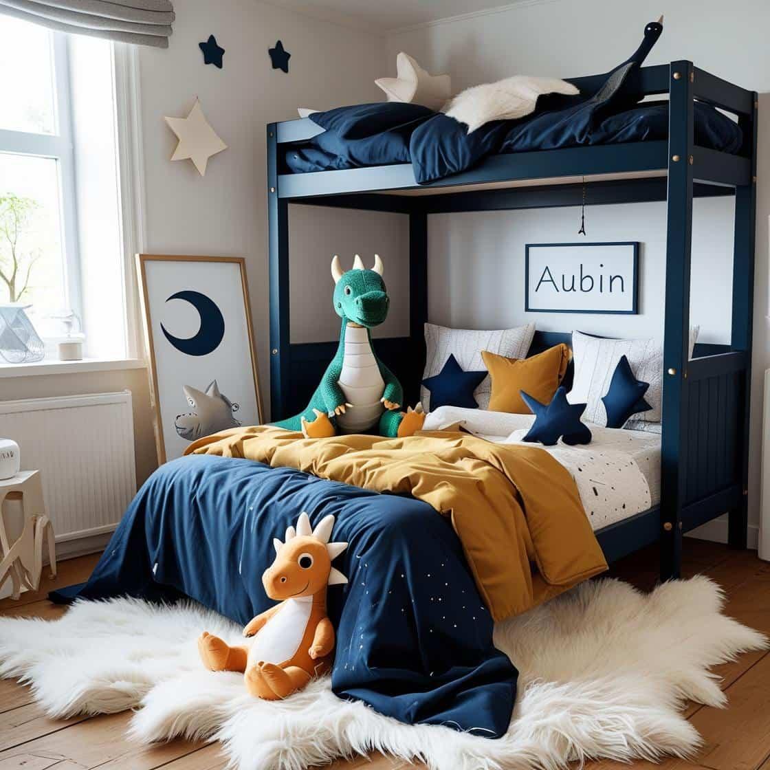 Une chambre de petit garcon avec un lit cabane un tapis de fourrure style scandinave coussins en forme d etoiles coussins en forme de lune couleurs bleu fonce blanc moutarde le pre