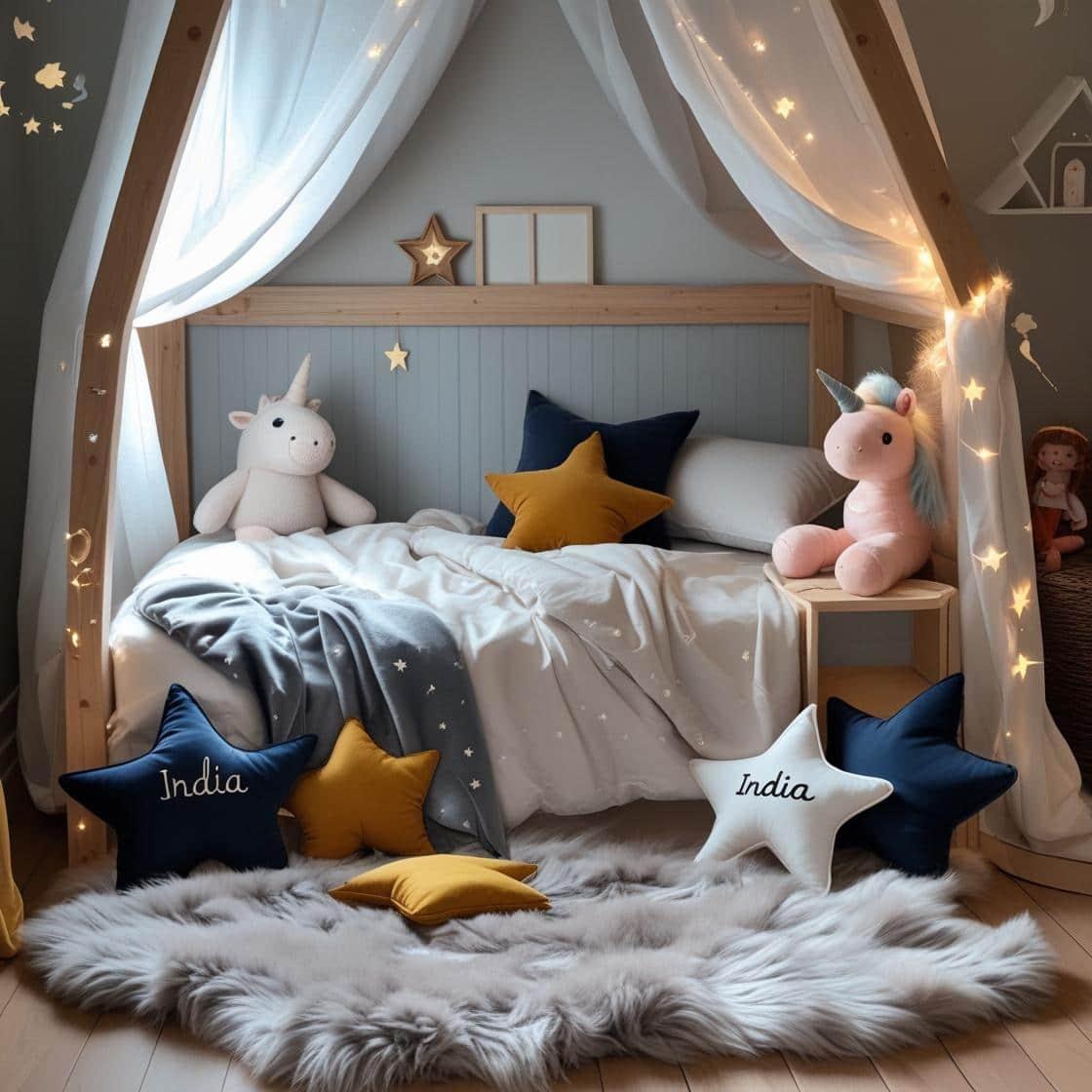 Une chambre de petit garcon avec un lit cabane un tapis de fourrure style scandinave coussins en forme d etoiles coussins en forme de lune couleurs bleu fonce blanc moutarde le pre