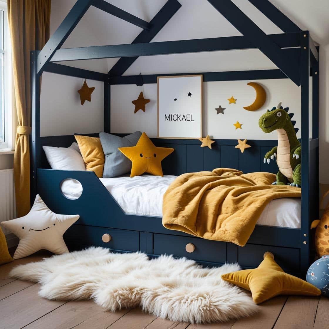 Une chambre de petit garcon avec un lit cabane un tapis de fourrure style scandinave coussins en forme d etoiles coussins en forme de lune couleurs bleu fonce blanc moutarde le pre