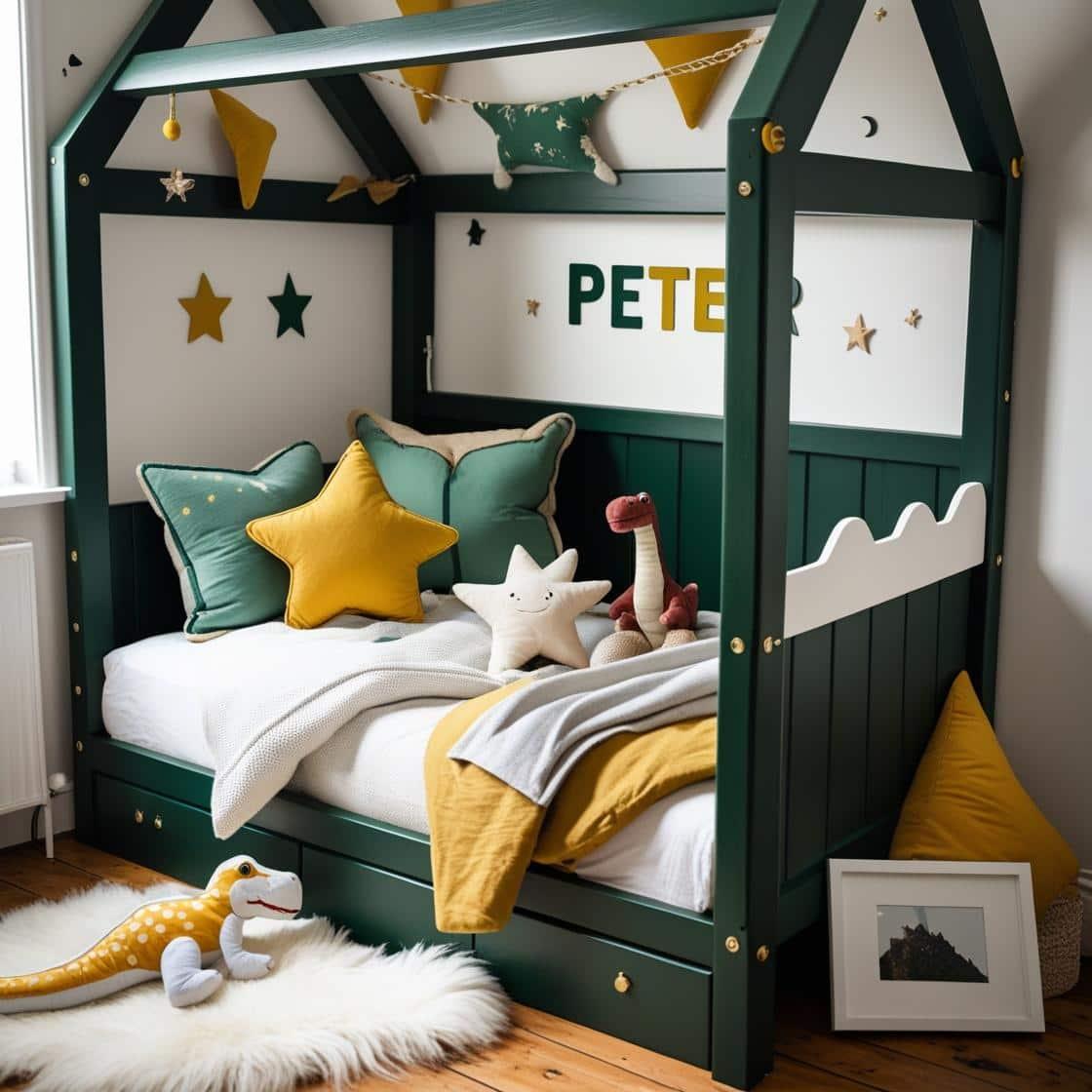 Une chambre de petit garcon avec un lit cabane un tapis de fourrure style scandinave coussins en forme d etoiles coussins en forme de lune couleurs vert fonce blanc moutarde le pre