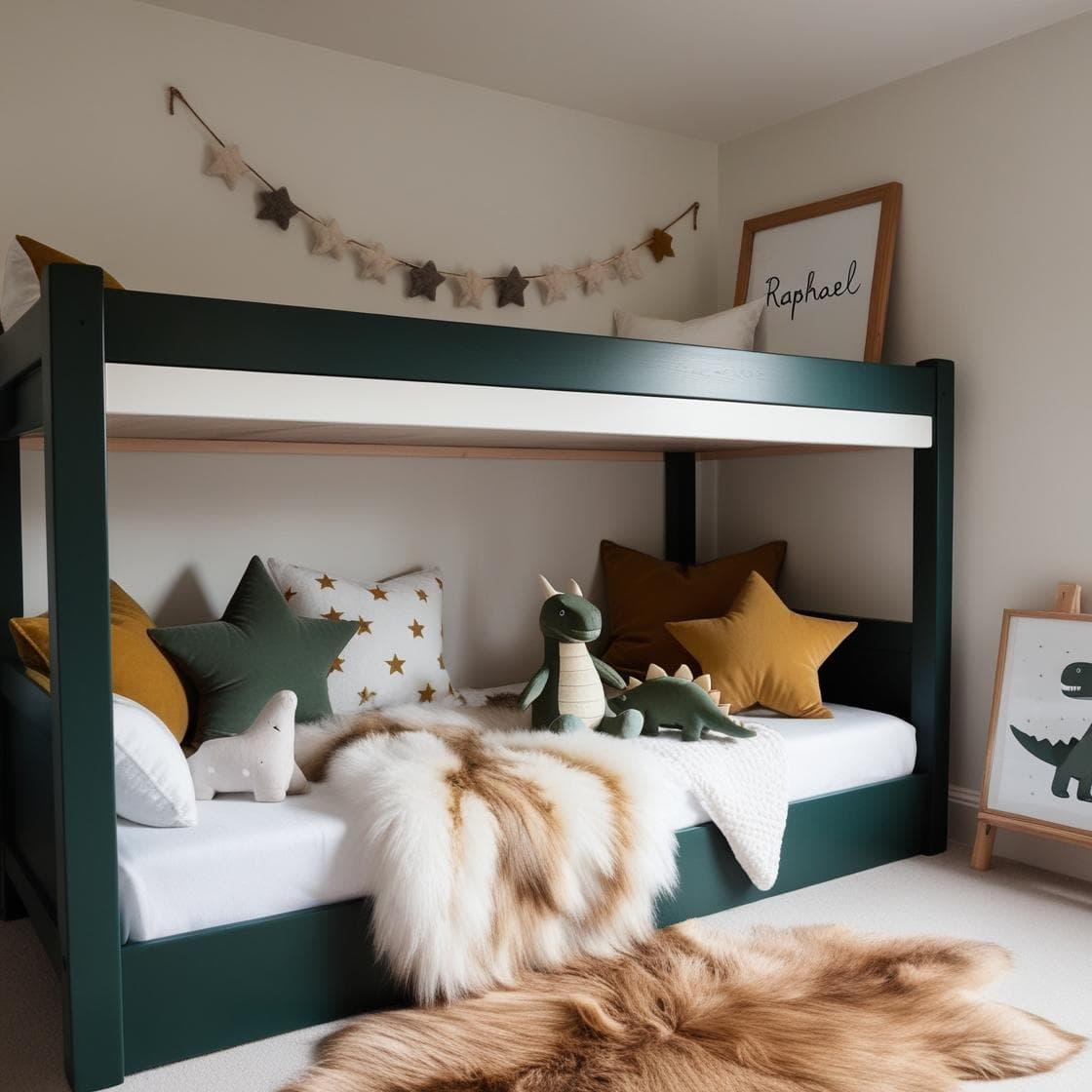 Une chambre de petit garcon avec un lit cabane un tapis de fourrure style scandinave coussins en forme d etoiles coussins en forme de lune couleurs vert fonce blanc moutarde le pre