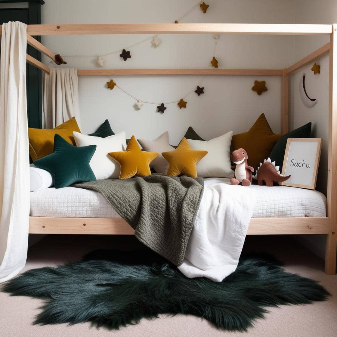 Une chambre de petit garcon avec un lit cabane un tapis de fourrure style scandinave coussins en forme d etoiles coussins en forme de lune couleurs vert fonce blanc moutarde le pre