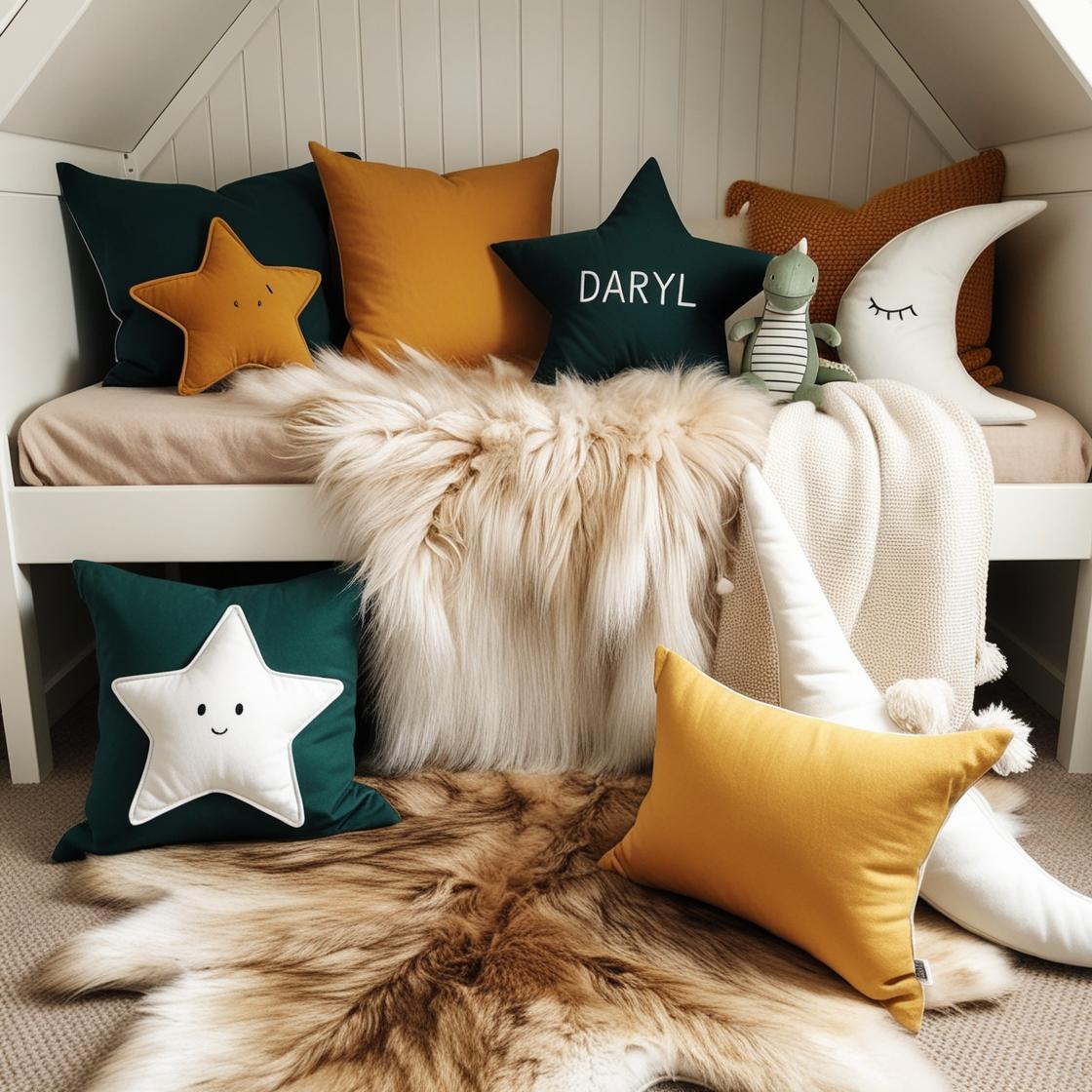 Une chambre de petit garcon avec un lit cabane un tapis de fourrure style scandinave coussins en forme d etoiles coussins en forme de lune daryl est brode sur un coussin couleurs v