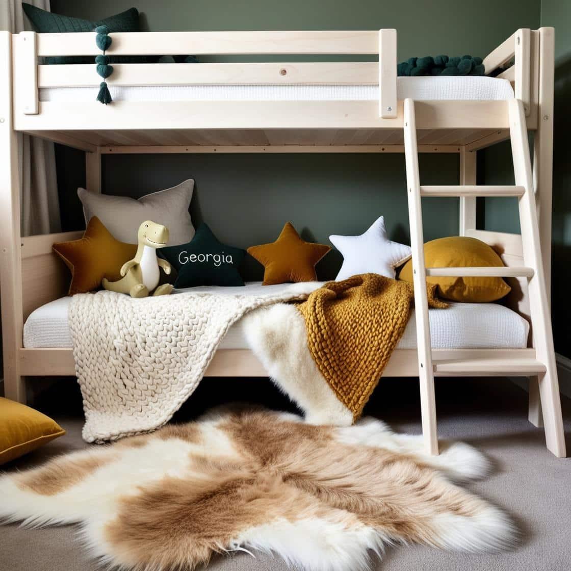 Une chambre de petit garcon avec un lit cabane un tapis de fourrure style scandinave coussins en forme d etoiles coussins en forme de lune georgia est brode sur un coussin couleurs