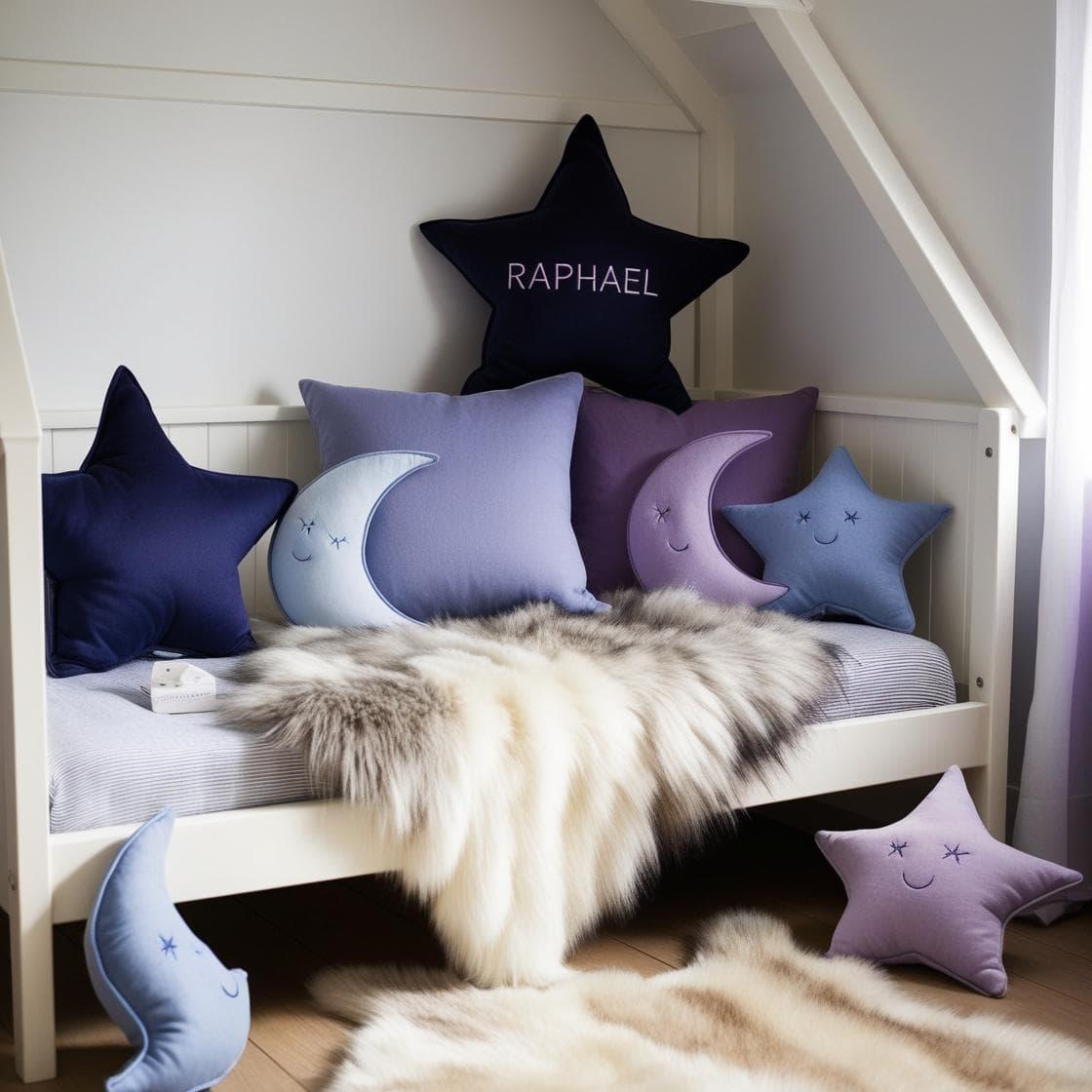 Une chambre de petit garcon avec un lit cabane un tapis de fourrure style scandinave coussins en forme d etoiles coussins en forme de lune le prenom raphael est brode sur un seul c