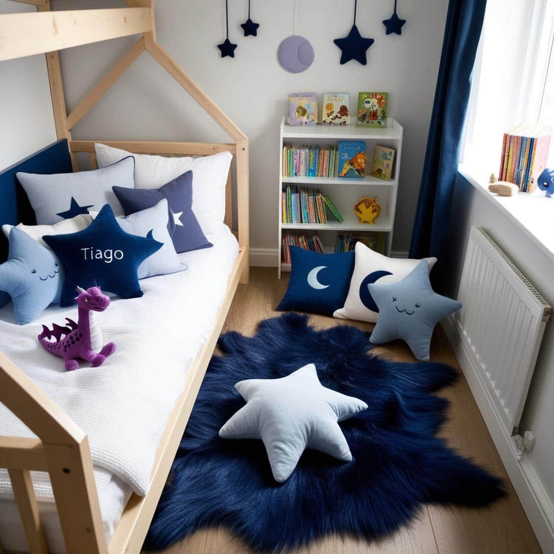 Une chambre de petit garcon avec un lit cabane un tapis de fourrure style scandinave coussins en forme d etoiles coussins en forme de lune lila est brode sur un seul coussin couleu