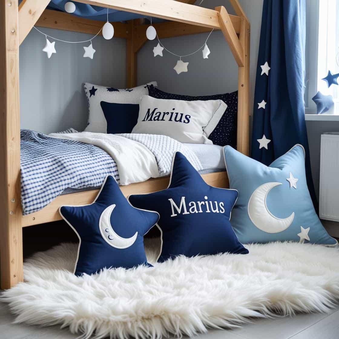 Une chambre de petit garcon avec un lit cabane un tapis de fourrure style scandinave coussins en forme d etoiles coussins en forme de lune marius ecrit en francais est brode sur un