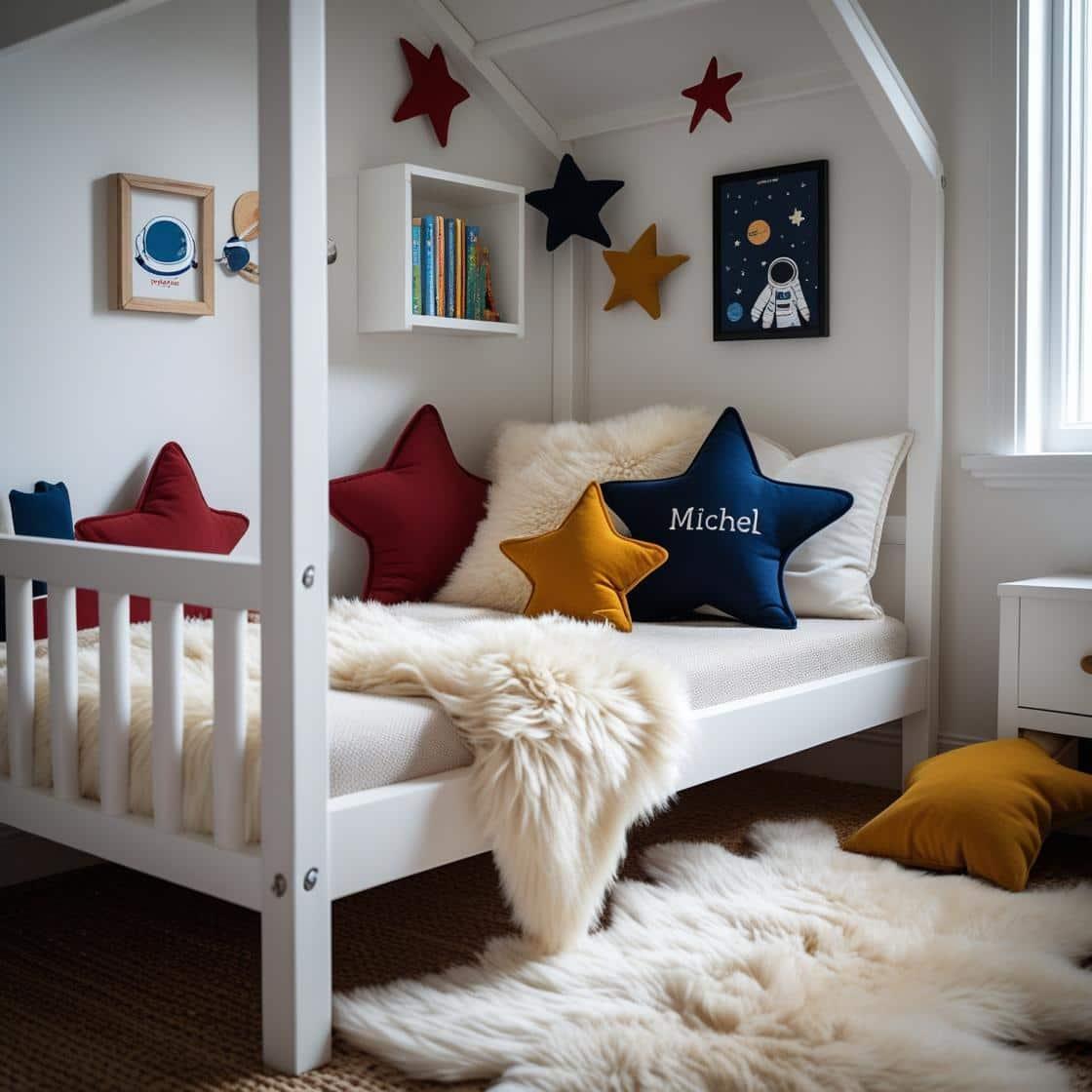 Une chambre de petit garcon avec un lit cabane un tapis de fourrure style scandinave coussins en forme d etoiles coussins en forme de lune michel est brode sur un seul coussin coul