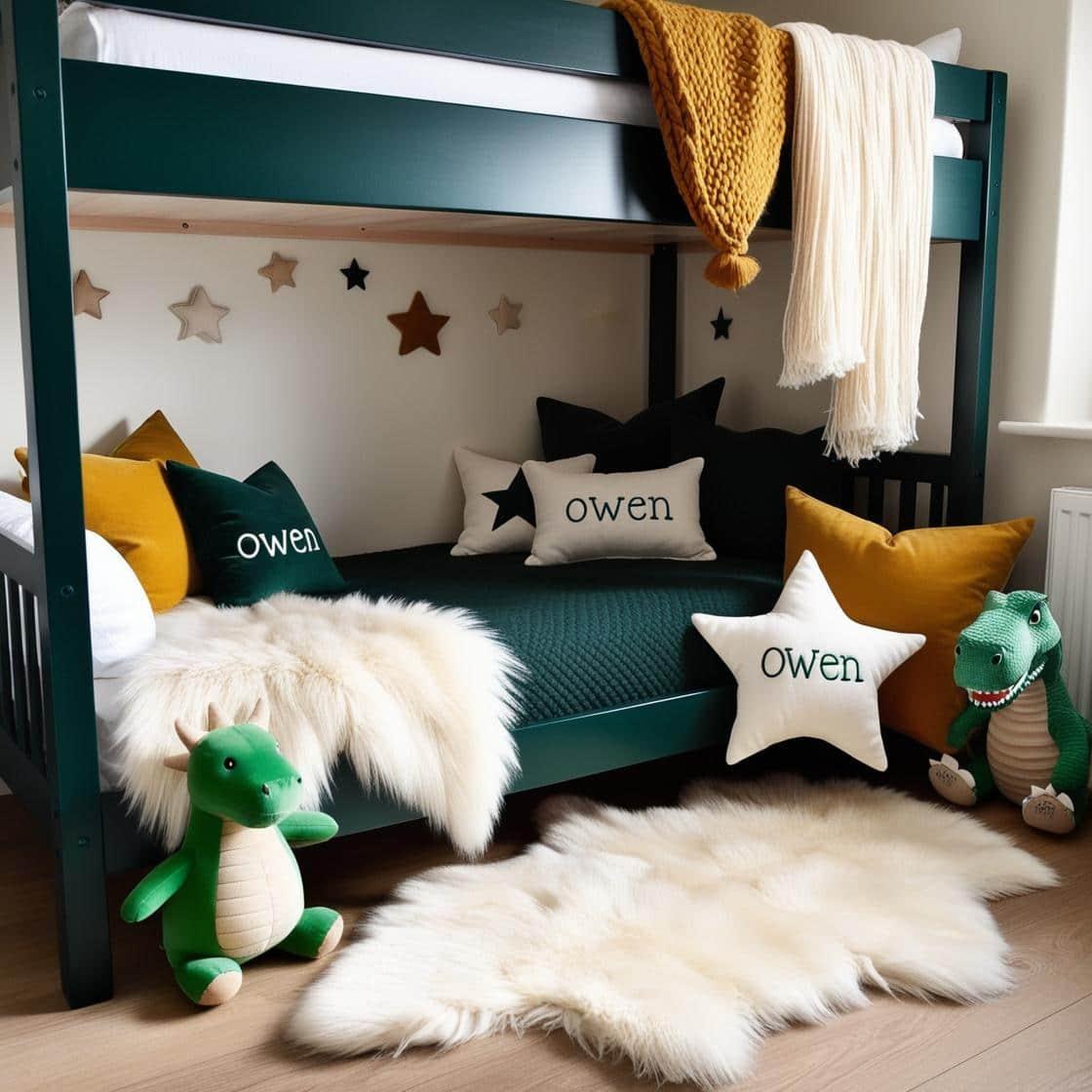 Une chambre de petit garcon avec un lit cabane un tapis de fourrure style scandinave coussins en forme d etoiles coussins en forme de lune owen est brode sur un coussin couleurs ve