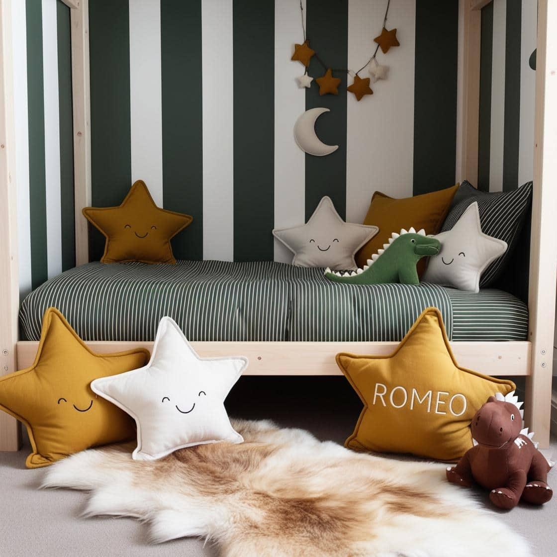 Une chambre de petit garcon avec un lit cabane un tapis de fourrure style scandinave coussins en forme d etoiles coussins en forme de lune romeo est brode sur un coussin couleurs v
