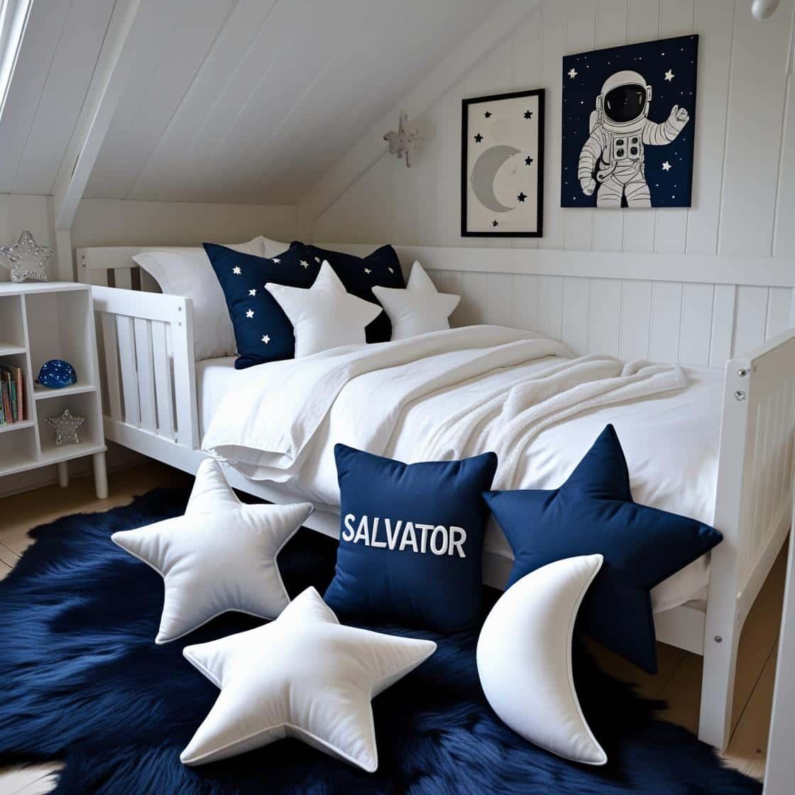 Une chambre de petit garcon avec un lit cabane un tapis de fourrure style scandinave coussins en forme d etoiles coussins en forme de lune salvator est brode sur un seul coussin co