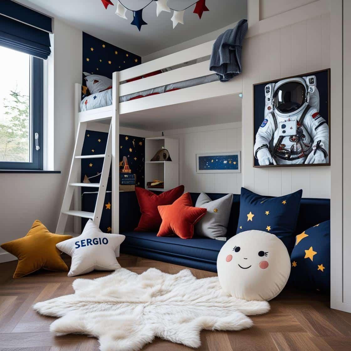 Une chambre de petit garcon avec un lit cabane un tapis de fourrure style scandinave coussins en forme d etoiles coussins en forme de lune sergio est brode sur un seul coussin coul