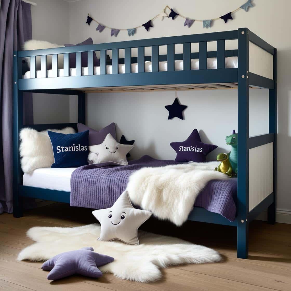 Une chambre de petit garcon avec un lit cabane un tapis de fourrure style scandinave coussins en forme d etoiles coussins en forme de lune stanislas est brode sur un coussin couleu