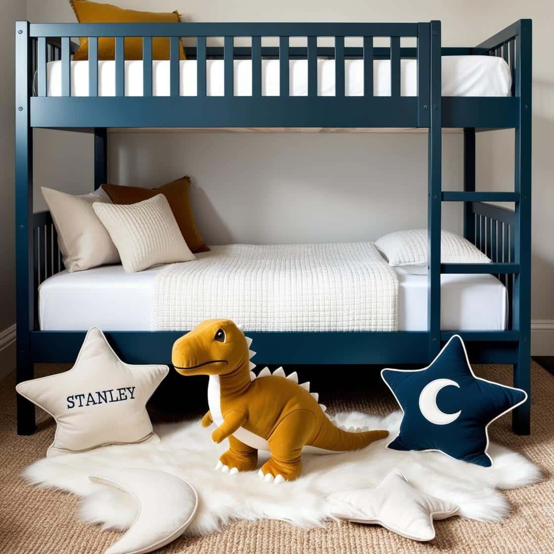 Une chambre de petit garcon avec un lit cabane un tapis de fourrure style scandinave coussins en forme d etoiles coussins en forme de lune stanley est brode sur un coussin couleurs