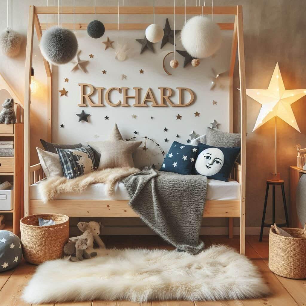 Une chambre de petit garcon avec un lit cabane un tapis de fourrure style scandinave coussins en forme detoiles coussins en forme de lune le prenom richard est ecrit sur une petite