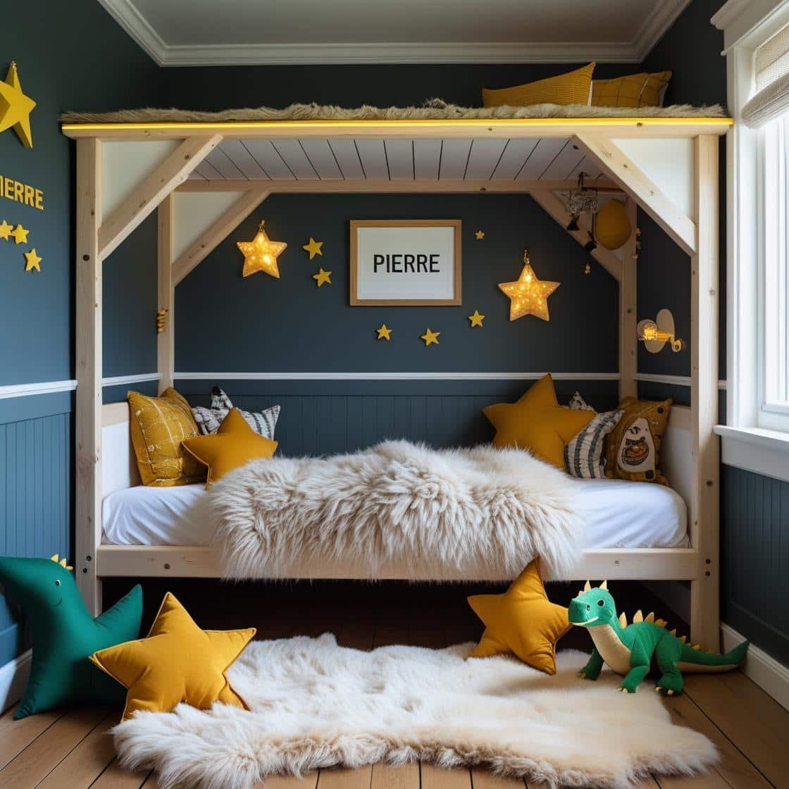 Une chambre de petit garcon avec un lit cabane un tapis de fourrure style scandinave dinosaures coussins en forme d etoiles coussins en forme de lune couleurs bleu fonce blanc mout