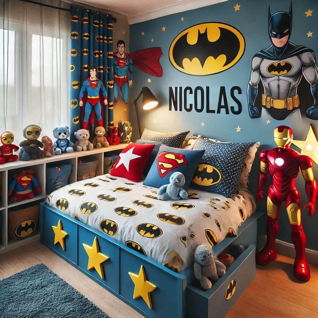 Chambre de petit garçon avec lit mezzanine, draps Batman, rideaux Superman, lampe Superman allumée, peluches étoiles et Iron Man, prénom Nico intégré