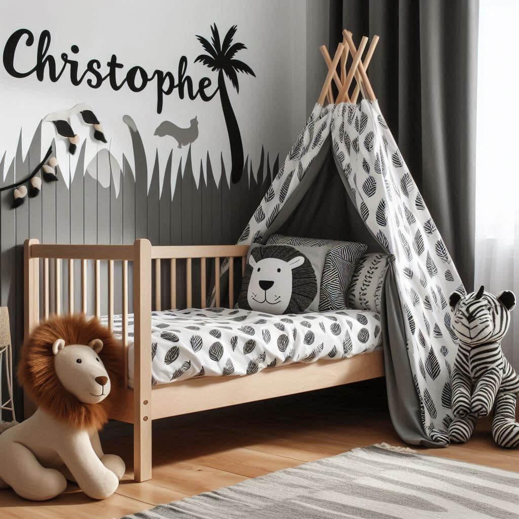 Chambre enfant avec lit Montessori et coussin brodé Christophe